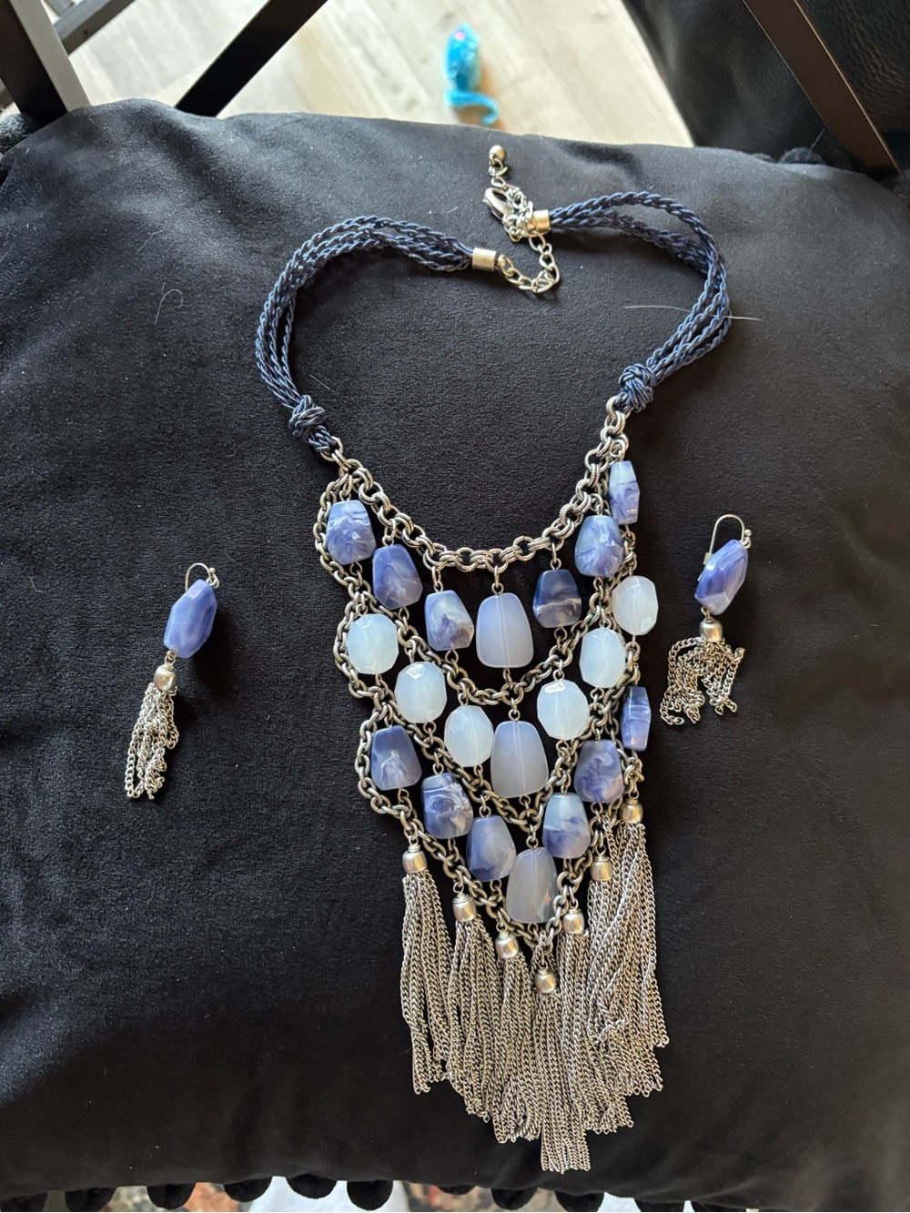 Chico's Blue and White Beaded Fringe Necklace with Matching Earrings